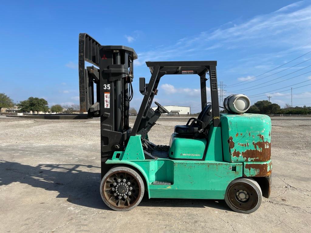 Mitsubishi FGC70K 15,500 lb LP Forklift — 60” Forks, Side Shift, Cushion Tires, 93” Lift Height